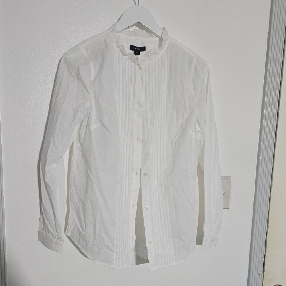 J. Crew White Pintuck Front Button Blouse